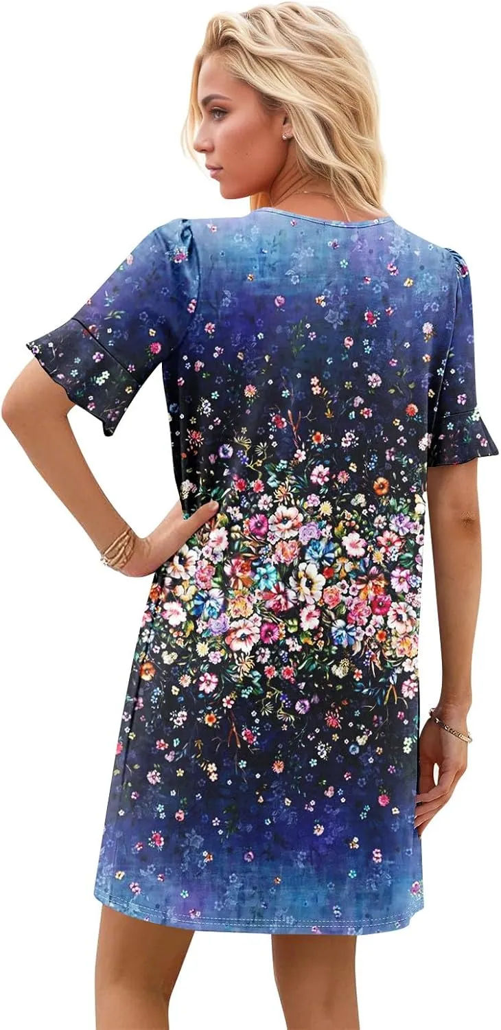 Plus Size Easter Dresses for Curvy Women Summer Casual Shift Ruffle V Neck Short Sleeve Beach Dress with Pockets