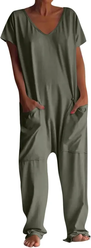 Plus Size Jumpsuit for Curvy Women 2024 Casual Rompers Short Sleeve V Neck Harem Pants Baggy One Piece Onesie