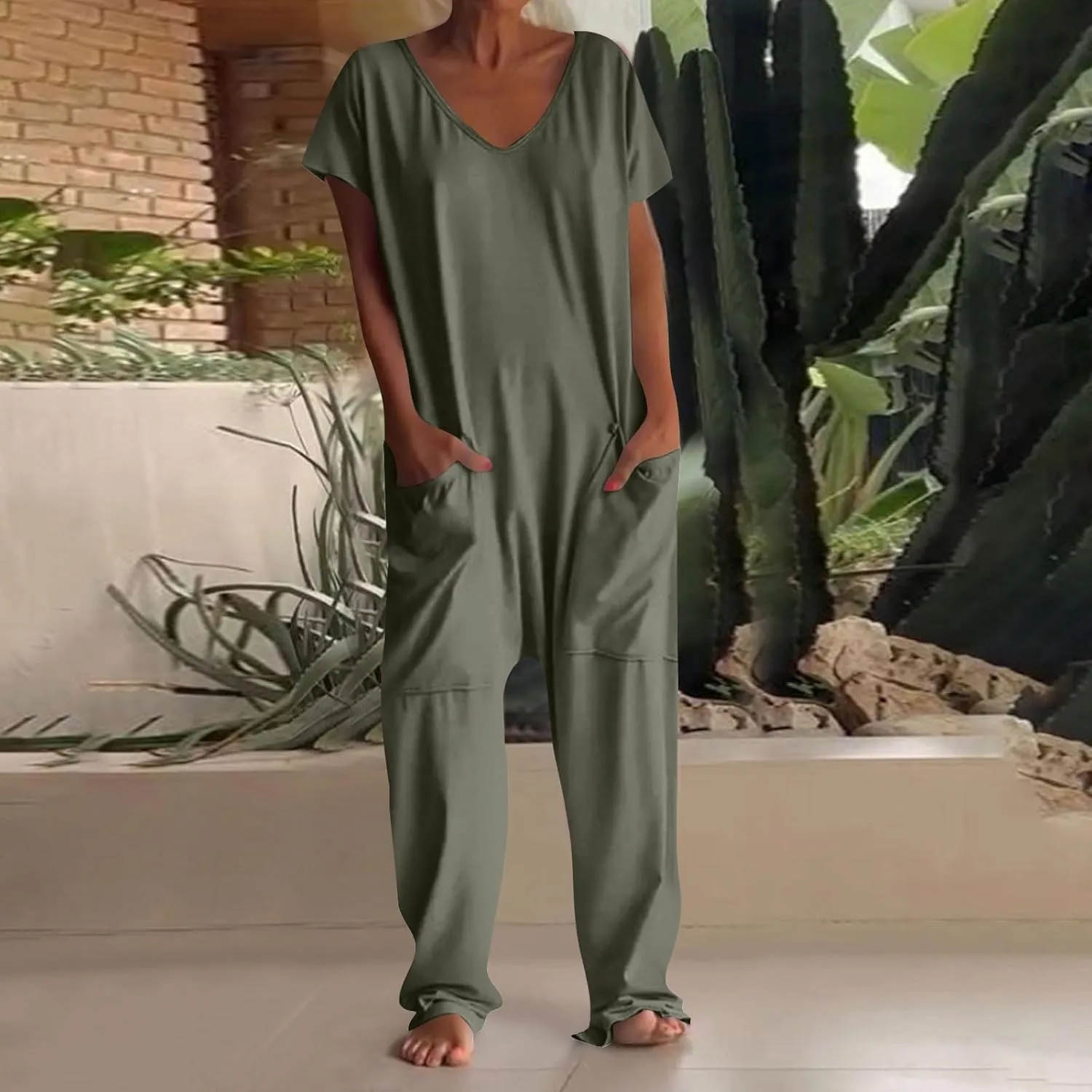 Plus Size Jumpsuit for Curvy Women 2024 Casual Rompers Short Sleeve V Neck Harem Pants Baggy One Piece Onesie