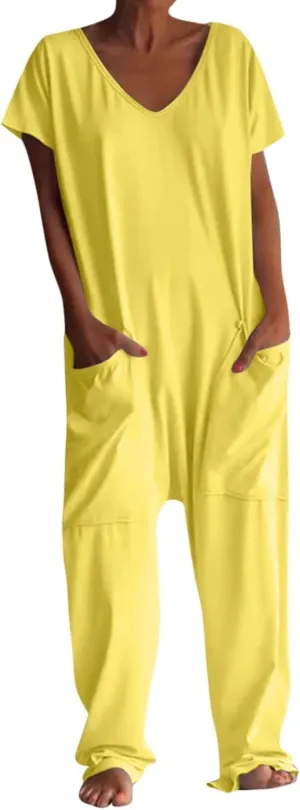 Plus Size Jumpsuit for Curvy Women 2024 Casual Rompers Short Sleeve V Neck Harem Pants Baggy One Piece Onesie