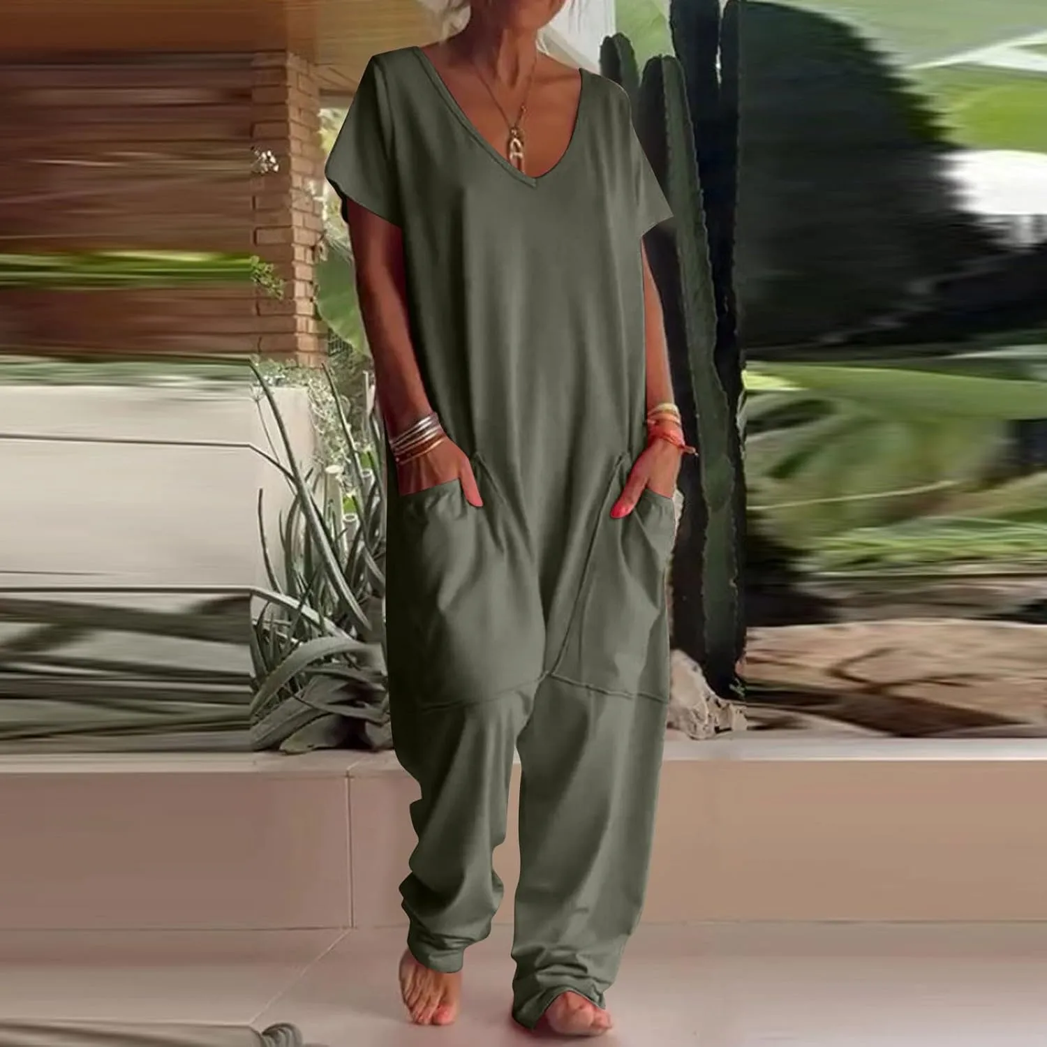 Plus Size Jumpsuit for Curvy Women 2024 Casual Rompers Short Sleeve V Neck Harem Pants Baggy One Piece Onesie