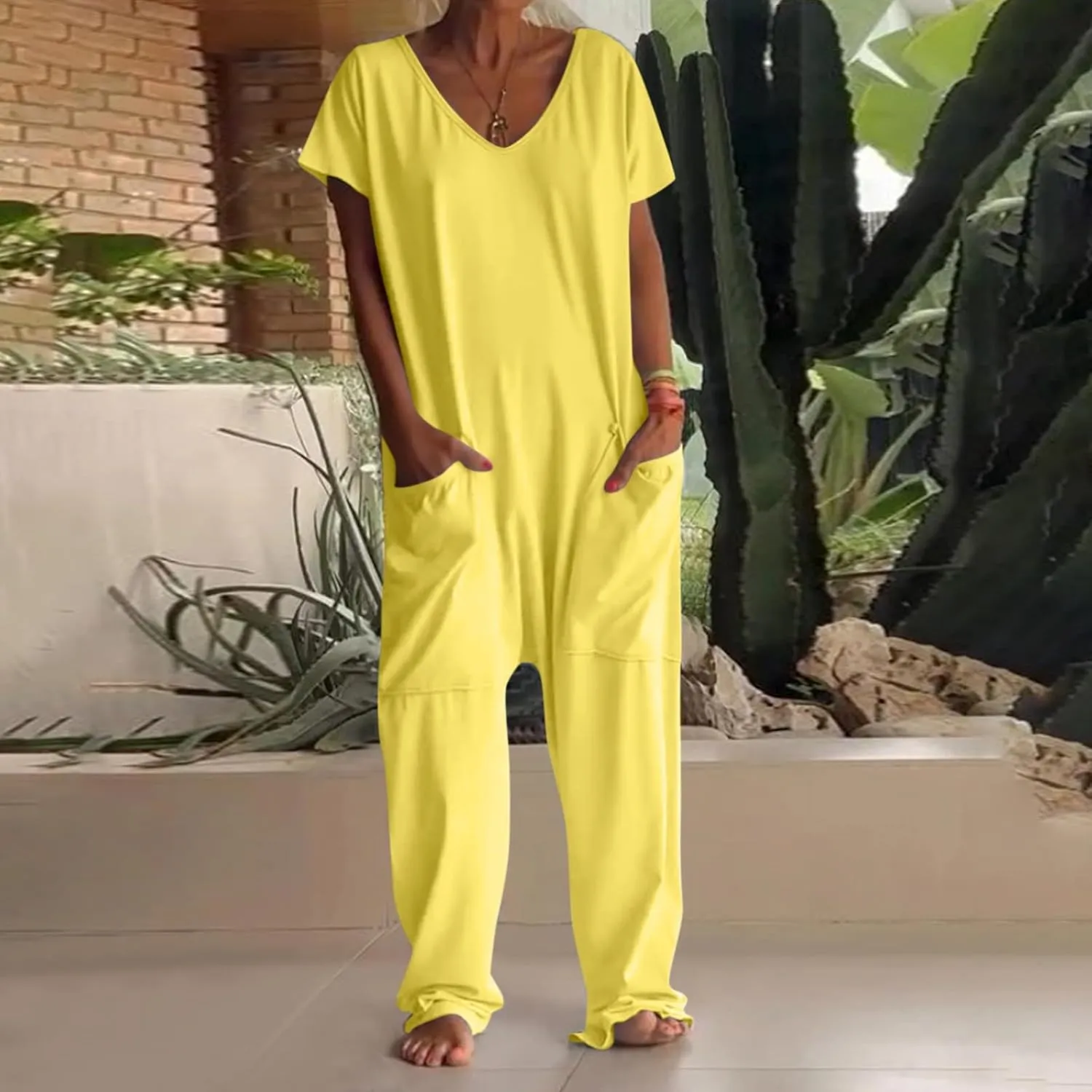Plus Size Jumpsuit for Curvy Women 2024 Casual Rompers Short Sleeve V Neck Harem Pants Baggy One Piece Onesie