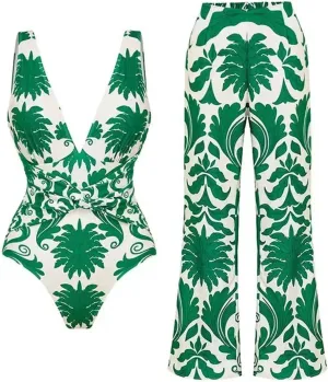 Plus Size Swimsuit for Women Vintage Printed Bodysuit Bathing Suits One Peice Swimwear and Sarong Wrap Skirt