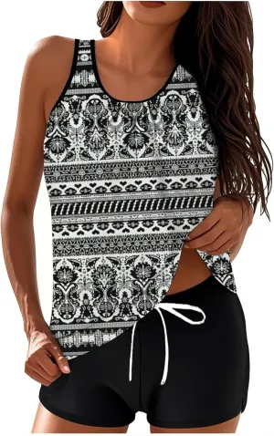 Plus Size Tankini Sets for Women 2 Piece Swimsuit Adjustable Tank Top with Boyshorts Beach Vacation Modest Swimwear