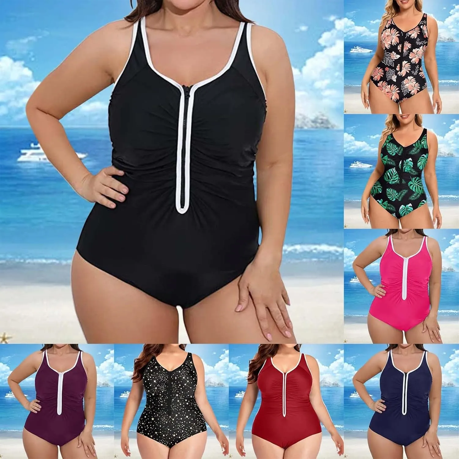 Plus Size Women Zipper One Piece Swimsuit Ruched Tummy Control Zip Front Bathing Suit Adjustable Surfing Swimwear