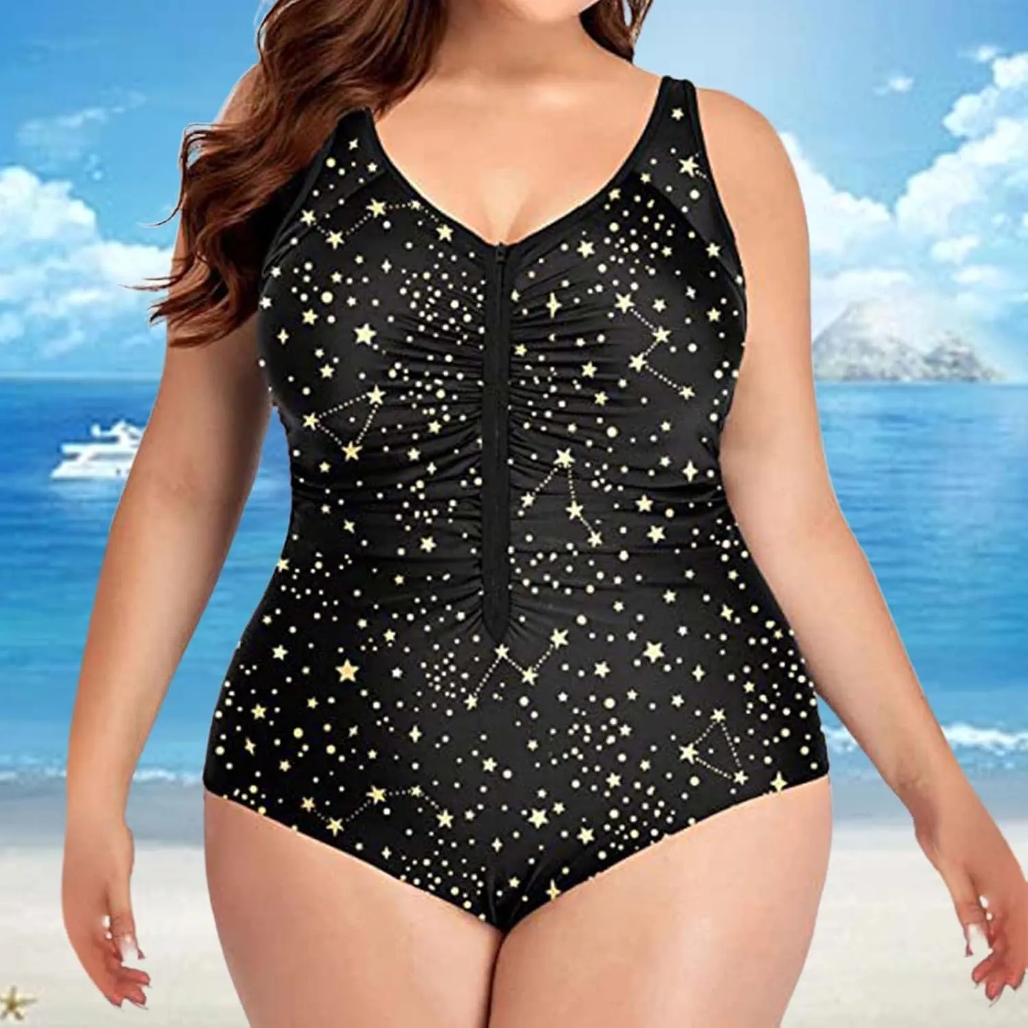 Plus Size Women Zipper One Piece Swimsuit Ruched Tummy Control Zip Front Bathing Suit Adjustable Surfing Swimwear
