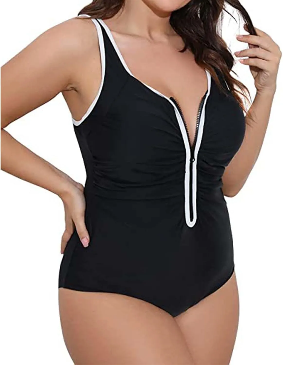 Plus Size Women Zipper One Piece Swimsuit Ruched Tummy Control Zip Front Bathing Suit Adjustable Surfing Swimwear