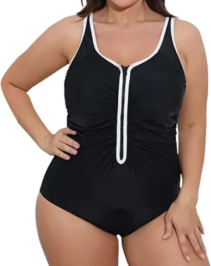 Plus Size Women Zipper One Piece Swimsuit Ruched Tummy Control Zip Front Bathing Suit Adjustable Surfing Swimwear