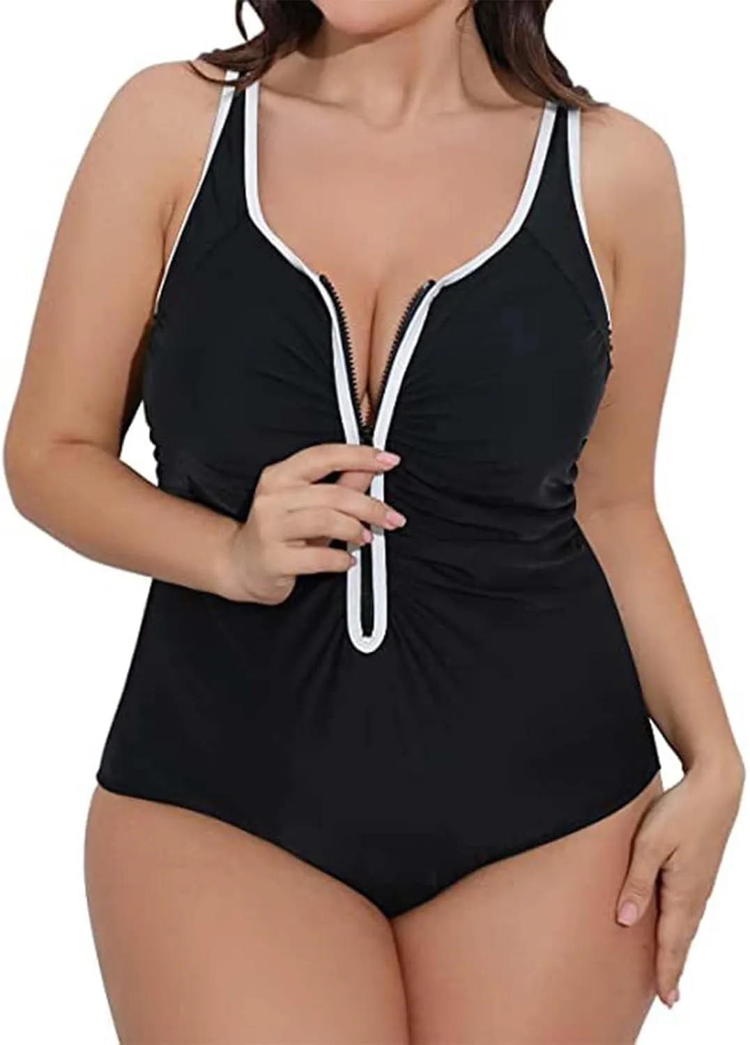 Plus Size Women Zipper One Piece Swimsuit Ruched Tummy Control Zip Front Bathing Suit Adjustable Surfing Swimwear