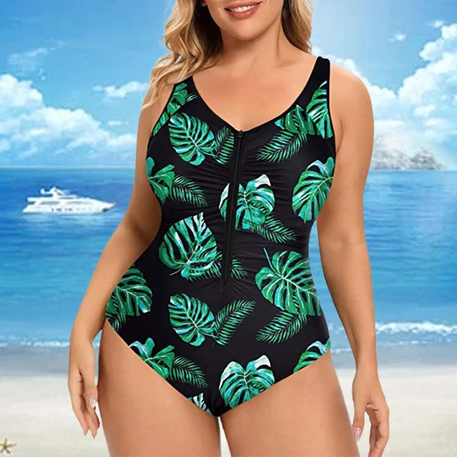 Plus Size Women Zipper One Piece Swimsuit Ruched Tummy Control Zip Front Bathing Suit Adjustable Surfing Swimwear