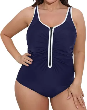Plus Size Women Zipper One Piece Swimsuit Ruched Tummy Control Zip Front Bathing Suit Adjustable Surfing Swimwear
