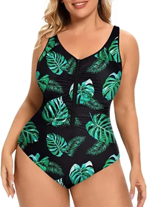 Plus Size Women Zipper One Piece Swimsuit Ruched Tummy Control Zip Front Bathing Suit Adjustable Surfing Swimwear