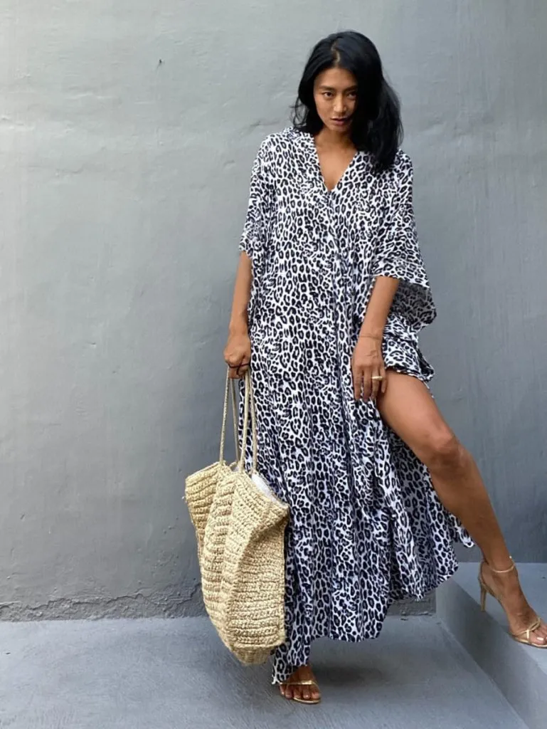 Print Short Sleeve Beach Kaftan Dress