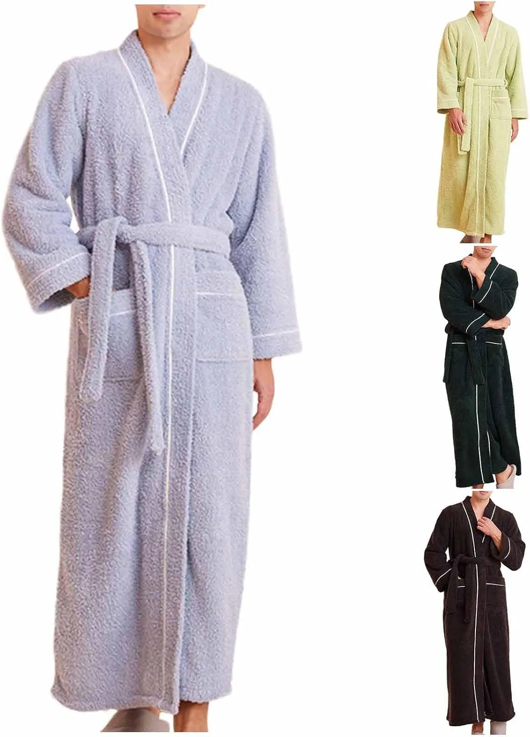 Pure Cotton Mens Terry Cloth Bathrobe Super Absorbent Spa Robe Full Length Plush Fleece Bathrobes Winter Sleepwear