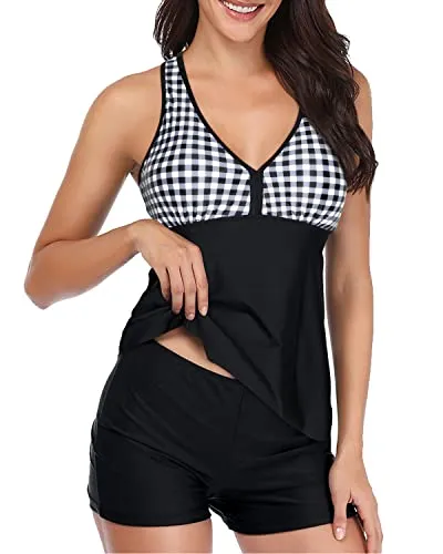 Racerback Tankini Swimsuit Removable Padded Push Up Bras And Boyshort-Black Plaid
