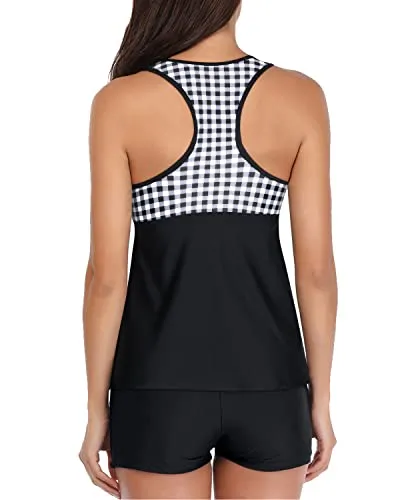 Racerback Tankini Swimsuit Removable Padded Push Up Bras And Boyshort-Black Plaid