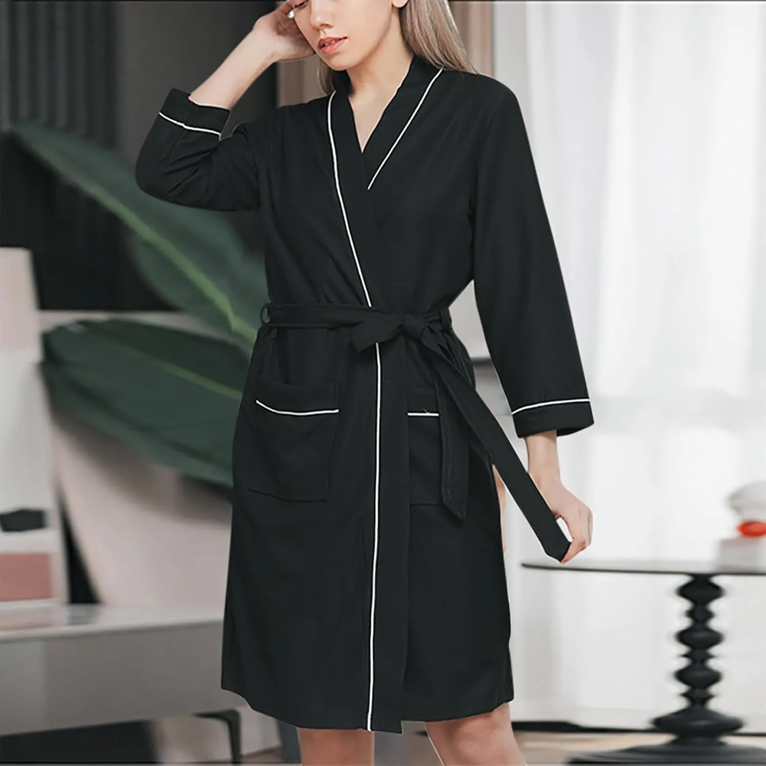 Robes for Women Bathrobe Waffle Knit Bathrobe Soft Lightweight Knee Length Loungewear Kimono Robes for Women
