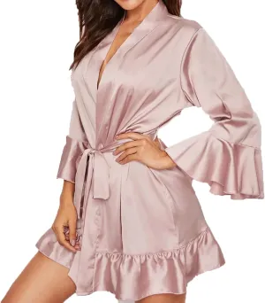 Ruffle Short Robes for Women Long Sleeve Kimono Loungewear Sexy Satin Sleep Robe Comfy Lightweight Bathrobes