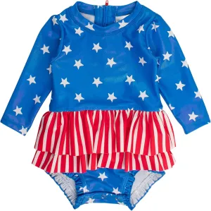 RuffleButts Baby Girls UPF 50  Sun Protection Tulle Skirted Long Sleeve One Piece Rash Guard Swimsuit