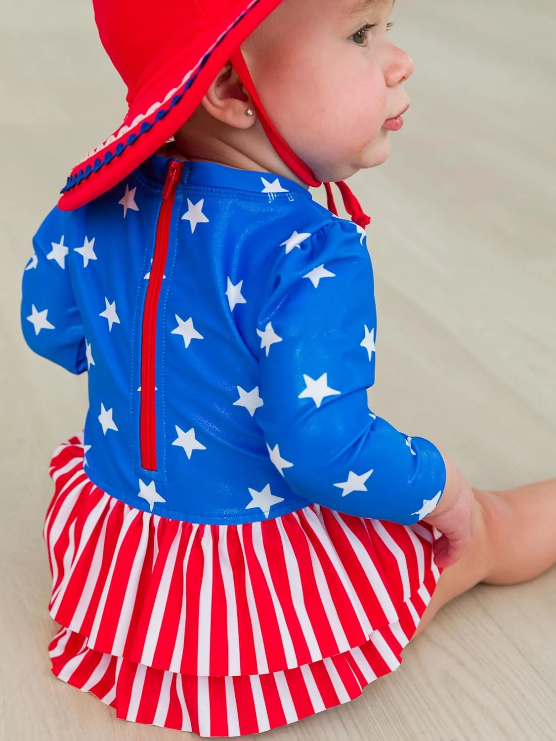 RuffleButts Baby Girls UPF 50  Sun Protection Tulle Skirted Long Sleeve One Piece Rash Guard Swimsuit