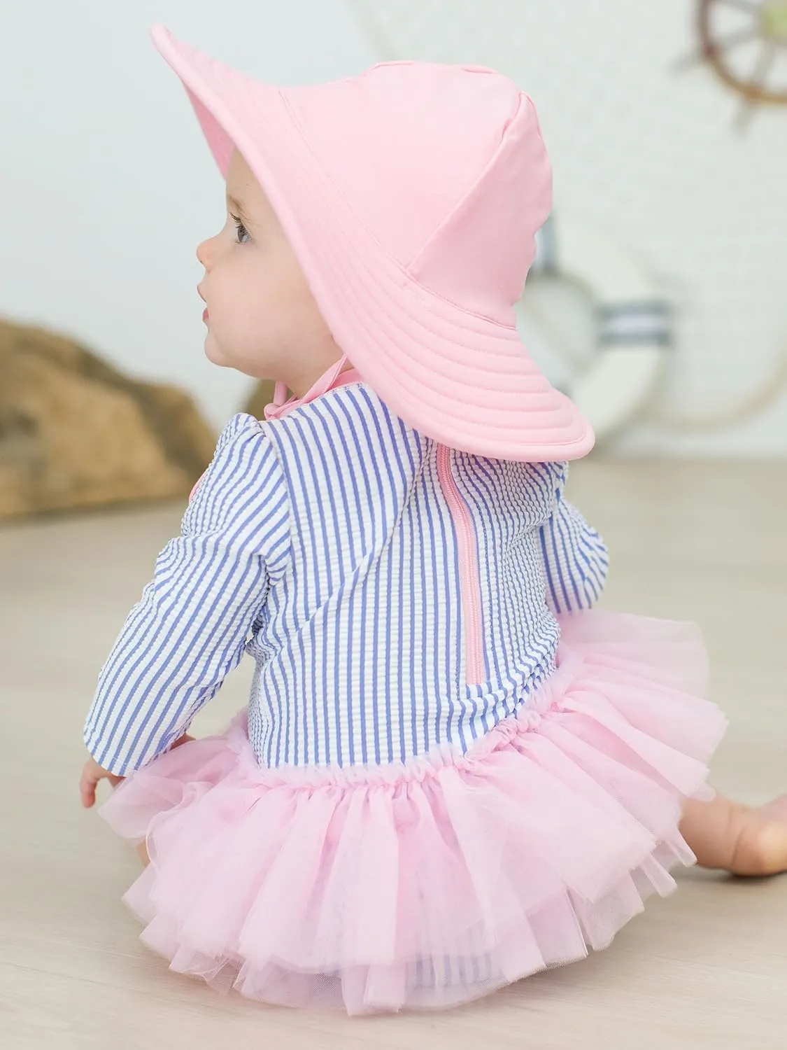 RuffleButts Baby Girls UPF 50  Sun Protection Tulle Skirted Long Sleeve One Piece Rash Guard Swimsuit