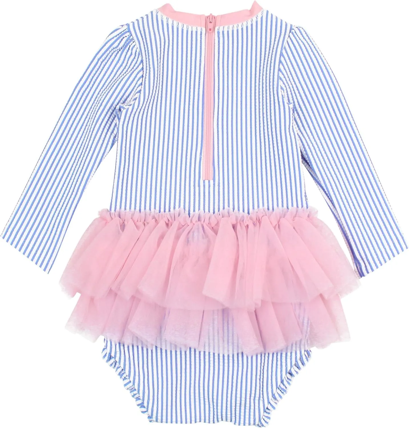 RuffleButts Baby Girls UPF 50  Sun Protection Tulle Skirted Long Sleeve One Piece Rash Guard Swimsuit
