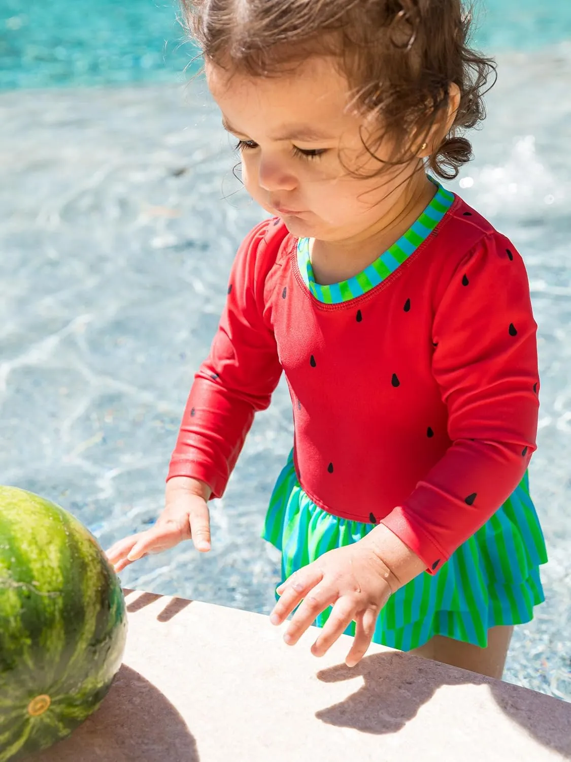 RuffleButts Baby Girls UPF 50  Sun Protection Tulle Skirted Long Sleeve One Piece Rash Guard Swimsuit