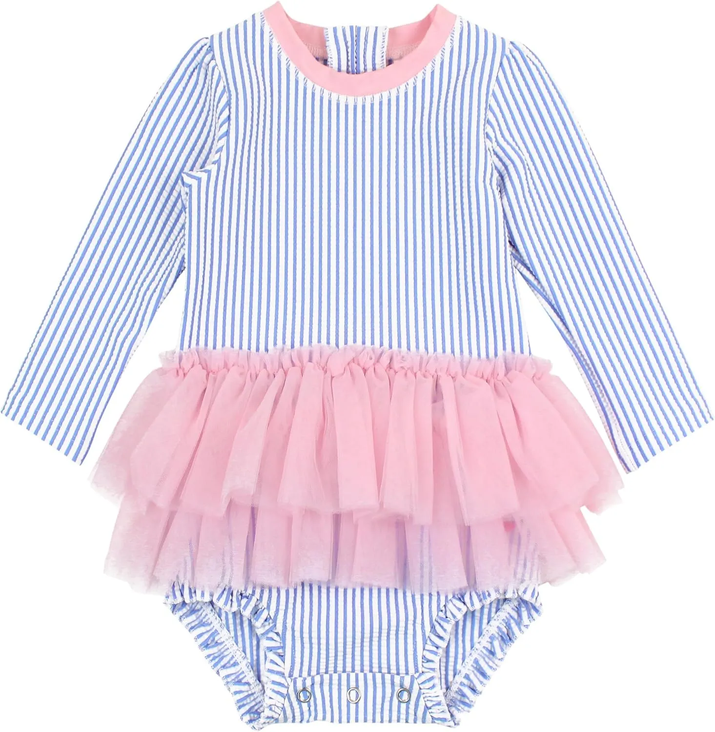 RuffleButts Baby Girls UPF 50  Sun Protection Tulle Skirted Long Sleeve One Piece Rash Guard Swimsuit