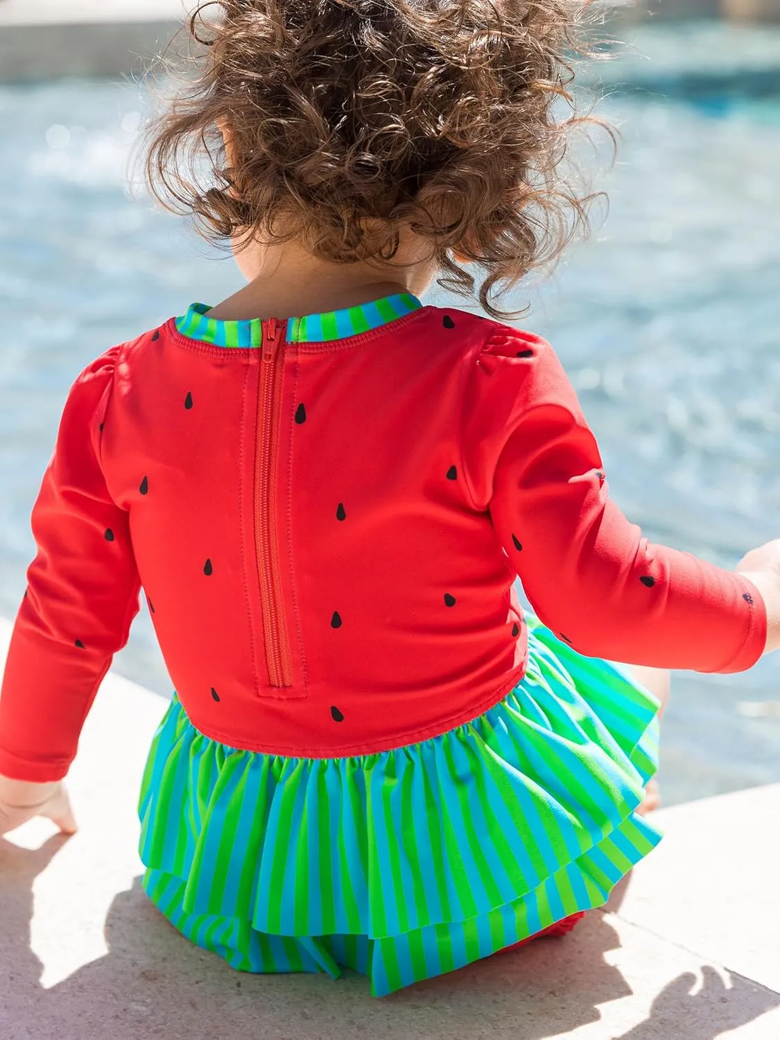 RuffleButts Baby Girls UPF 50  Sun Protection Tulle Skirted Long Sleeve One Piece Rash Guard Swimsuit