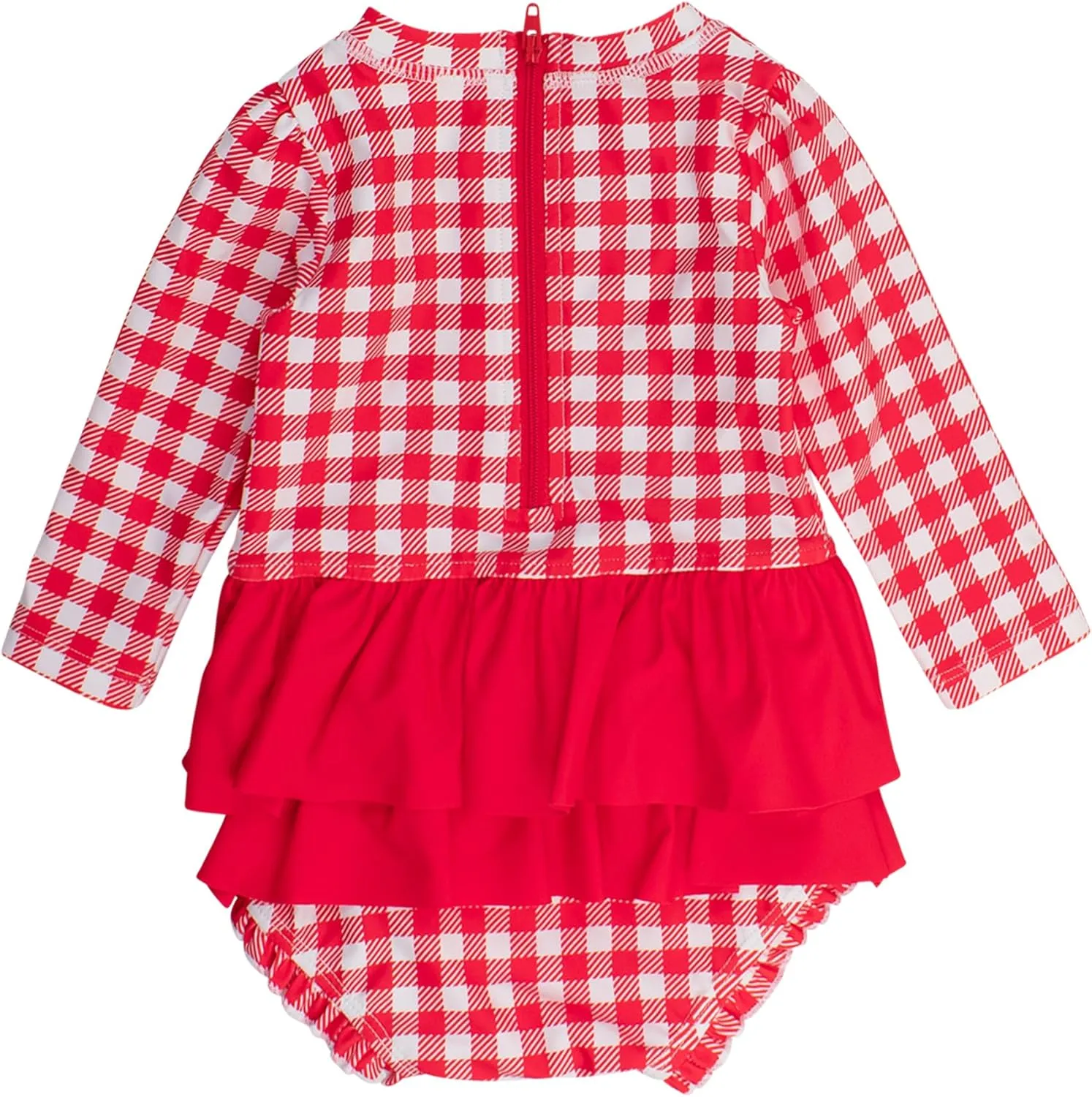RuffleButts Baby Girls UPF 50  Sun Protection Tulle Skirted Long Sleeve One Piece Rash Guard Swimsuit