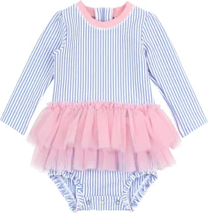 RuffleButts Baby Girls UPF 50  Sun Protection Tulle Skirted Long Sleeve One Piece Rash Guard Swimsuit