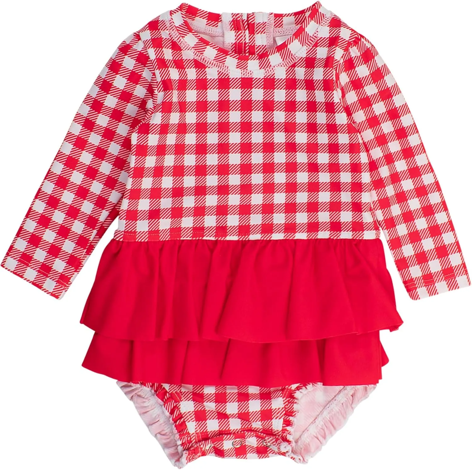RuffleButts Baby Girls UPF 50  Sun Protection Tulle Skirted Long Sleeve One Piece Rash Guard Swimsuit