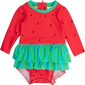 RuffleButts Baby Girls UPF 50  Sun Protection Tulle Skirted Long Sleeve One Piece Rash Guard Swimsuit