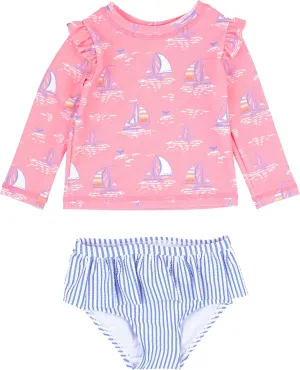 RuffleButts Baby/Toddler Girls Skirted Long Sleeve Rash Guard Bikini UPF50  Sun Protected Swimsuit