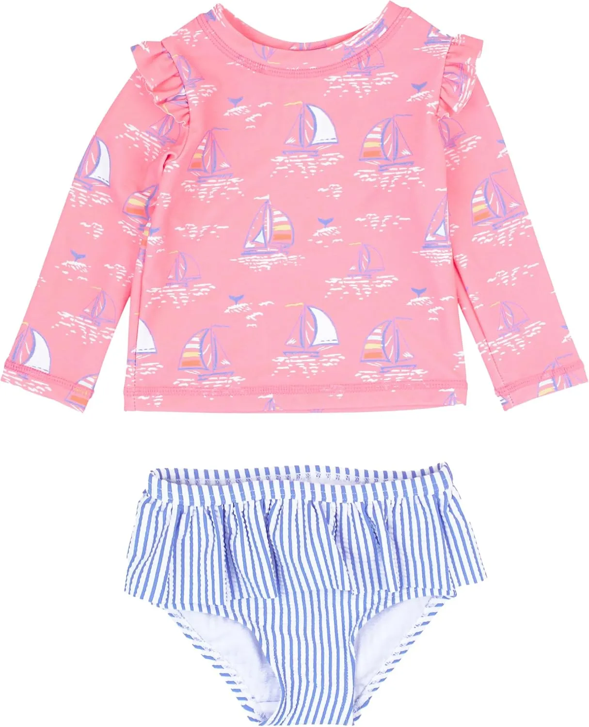 RuffleButts Baby/Toddler Girls Skirted Long Sleeve Rash Guard Bikini UPF50  Sun Protected Swimsuit