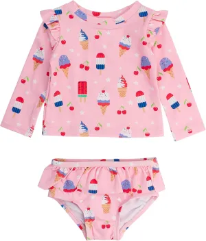 RuffleButts Baby/Toddler Girls Skirted Long Sleeve Rash Guard Bikini UPF50  Sun Protected Swimsuit