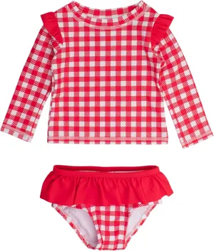 RuffleButts Baby/Toddler Girls Skirted Long Sleeve Rash Guard Bikini UPF50  Sun Protected Swimsuit