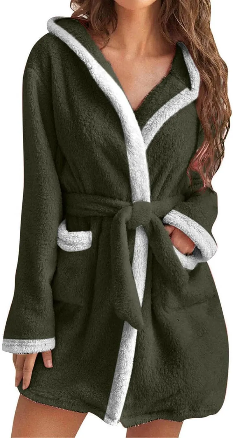 Rvidbe Fuzzy Robes Women Plush Bathrobes Long Sleeve Hooded Warm Short Bath Robe Ladies Sexy Fleece Sleep Robes with Pockets
