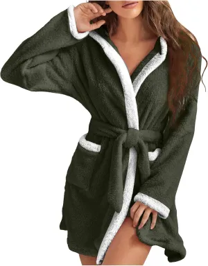 Rvidbe Fuzzy Robes Women Plush Bathrobes Long Sleeve Hooded Warm Short Bath Robe Ladies Sexy Fleece Sleep Robes with Pockets