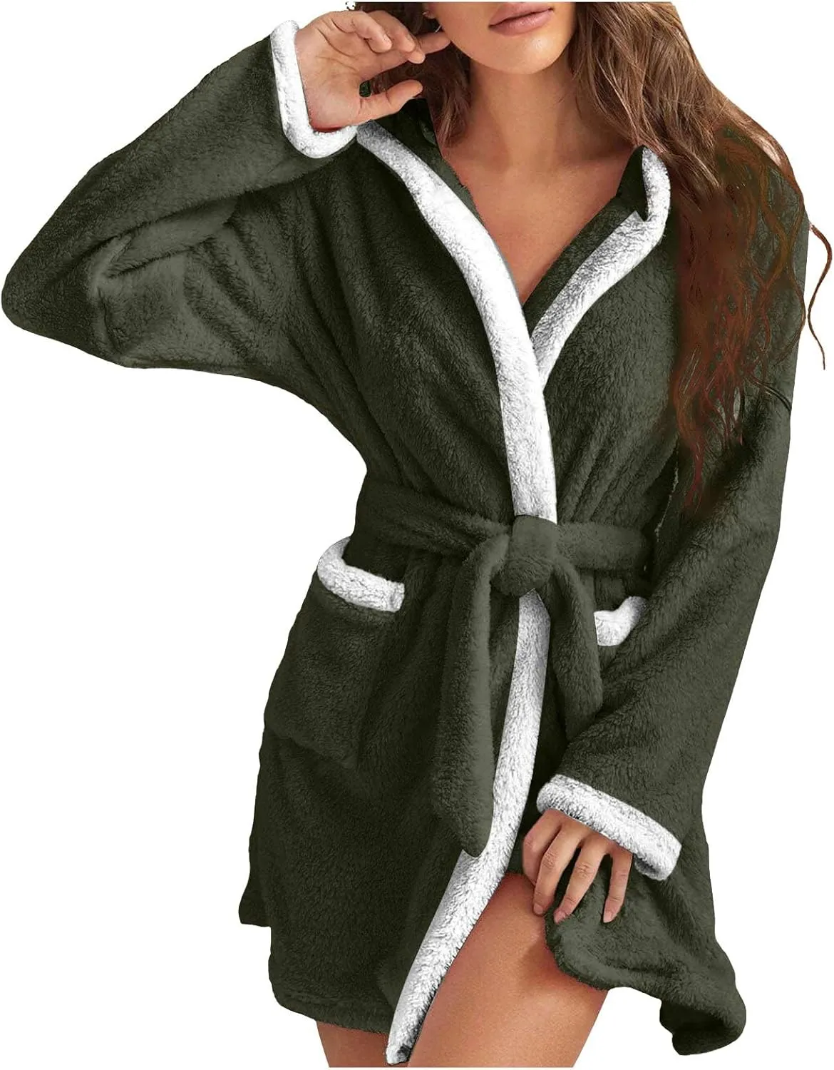 Rvidbe Fuzzy Robes Women Plush Bathrobes Long Sleeve Hooded Warm Short Bath Robe Ladies Sexy Fleece Sleep Robes with Pockets