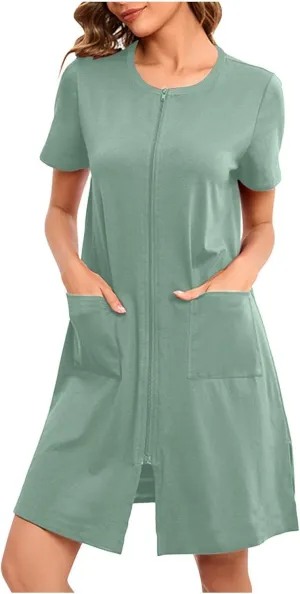 Rvidbe Womens Zip Up Robes 1/2 Sleeve Nightgrown Loose Comfy Sleepwear with Pocket Lightweight Pajamas Dress Casual Nightwear