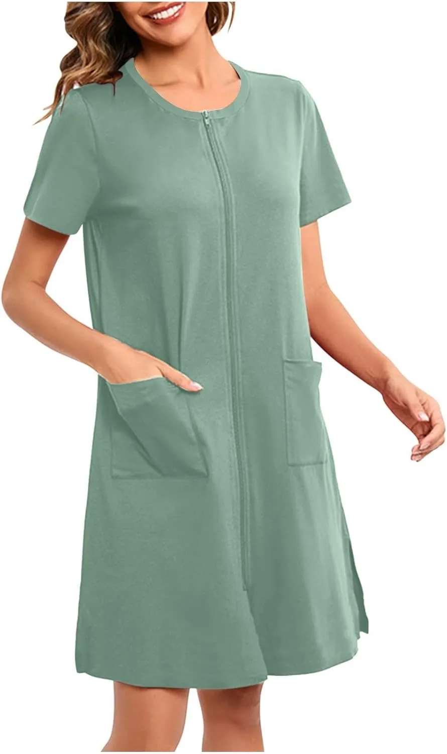 Rvidbe Womens Zip Up Robes 1/2 Sleeve Nightgrown Loose Comfy Sleepwear with Pocket Lightweight Pajamas Dress Casual Nightwear