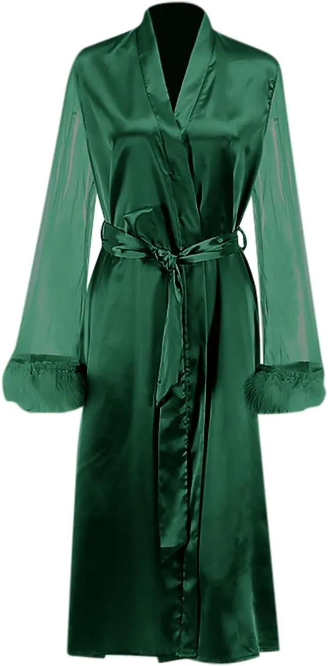 Satin Bathrobe Women Mesh Patchwork Pajamas Robe with Belt Long Sleeve Sleepwear Solid Color Nightgown Soft Nightwear