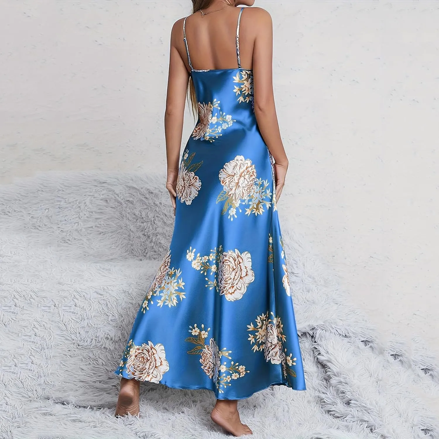 Satin Nightgowns for Women Floral Print Long Silk Nightdress with Slim Hem Vintage Nightdress Maxi Sleepwear
