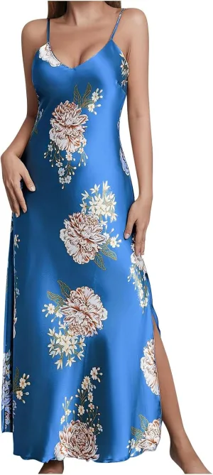 Satin Nightgowns for Women Floral Print Long Silk Nightdress with Slim Hem Vintage Nightdress Maxi Sleepwear