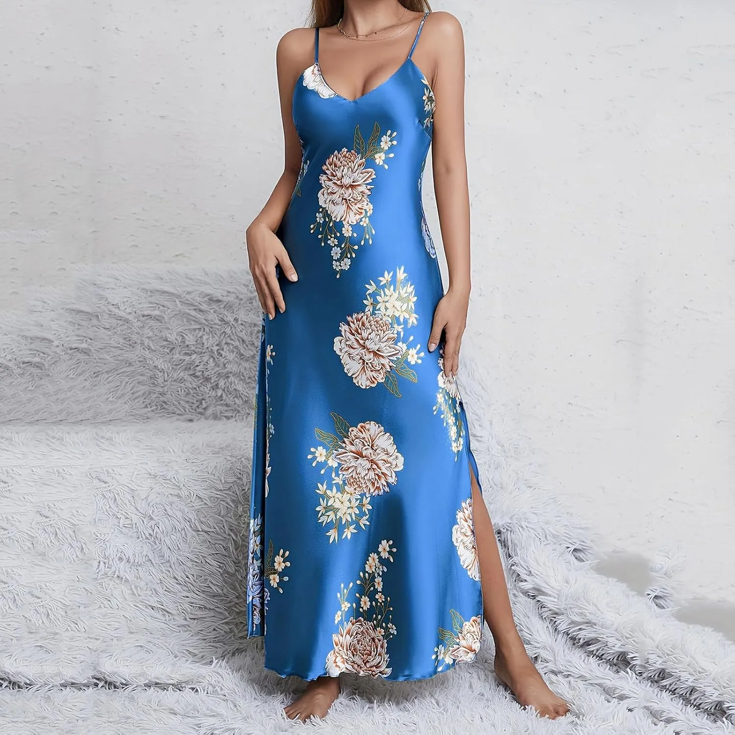 Satin Nightgowns for Women Floral Print Long Silk Nightdress with Slim Hem Vintage Nightdress Maxi Sleepwear