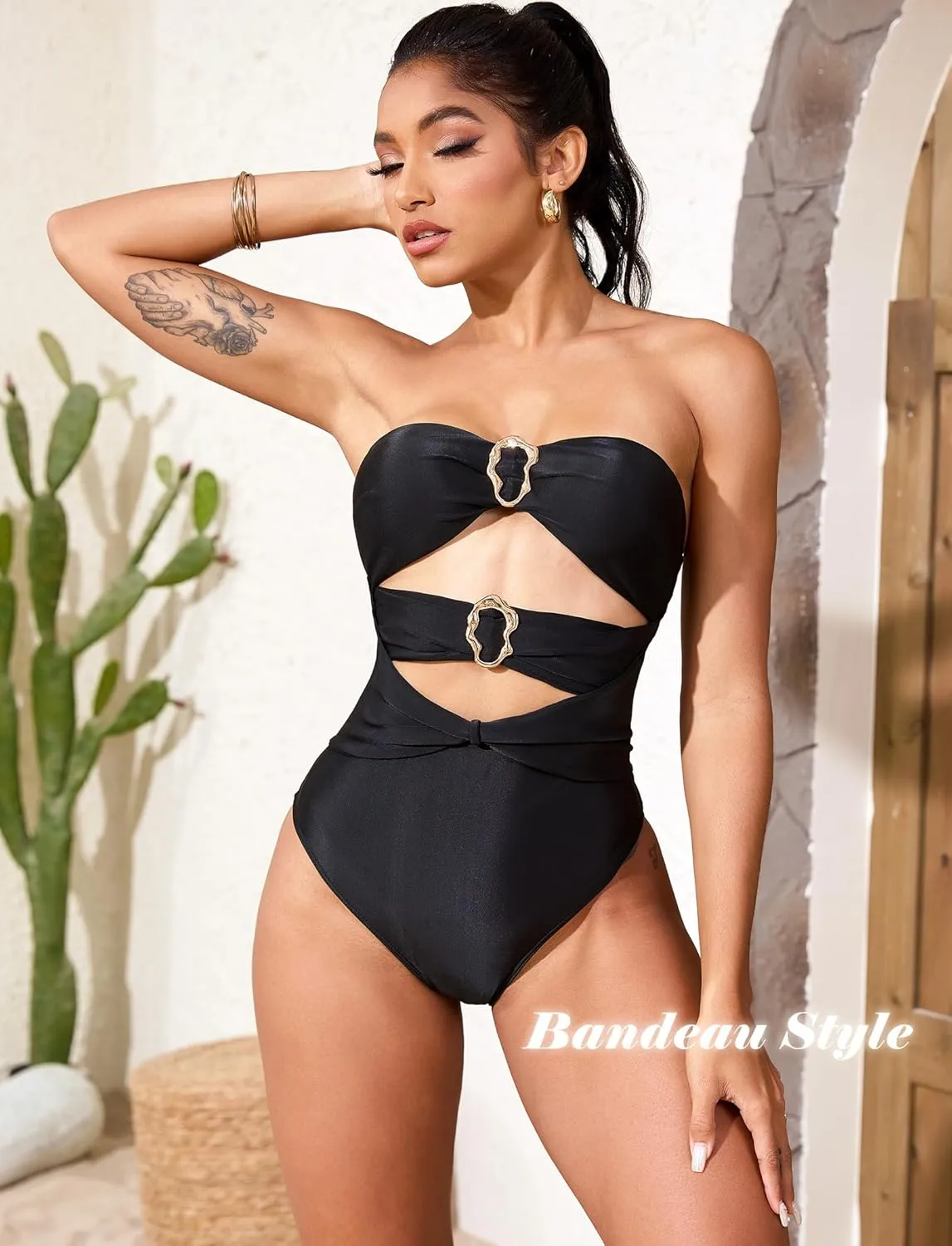 Sexy Cut Out One Piece Swimsuit for Women Tummy Control Halter Swim Suits Beach Bandeau Bikini Swimwear Bathing Suit