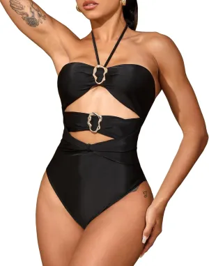 Sexy Cut Out One Piece Swimsuit for Women Tummy Control Halter Swim Suits Beach Bandeau Bikini Swimwear Bathing Suit