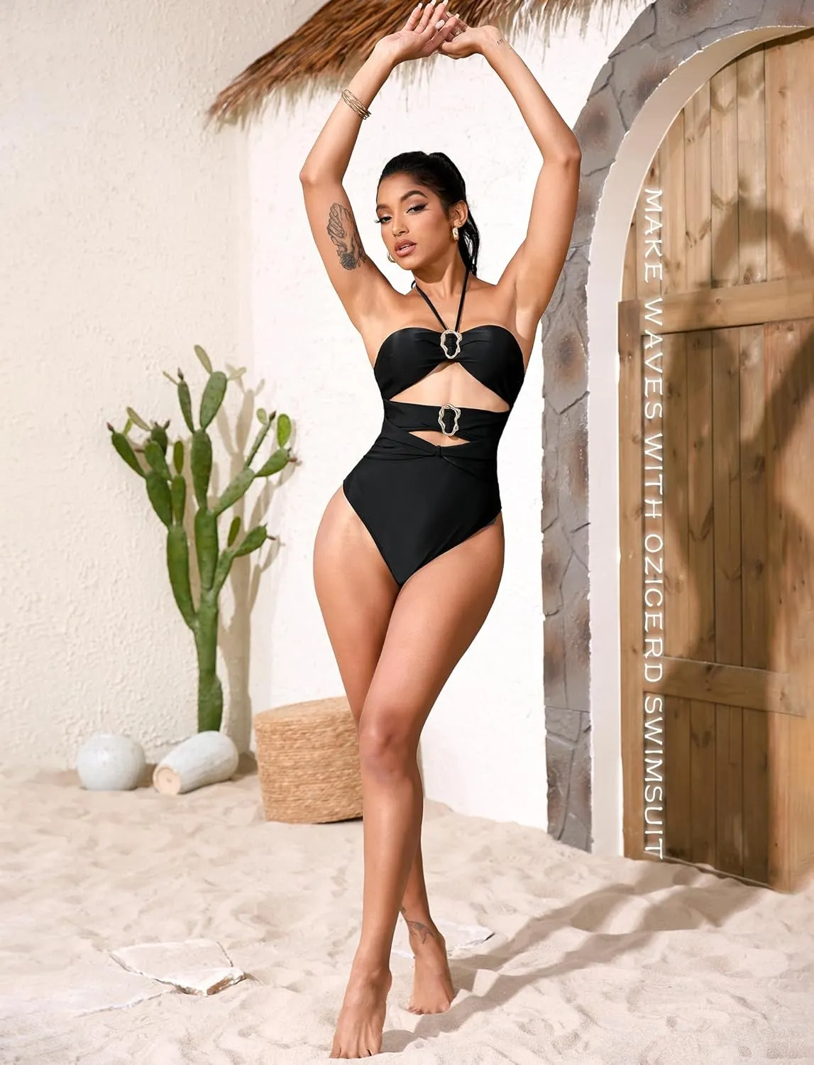 Sexy Cut Out One Piece Swimsuit for Women Tummy Control Halter Swim Suits Beach Bandeau Bikini Swimwear Bathing Suit