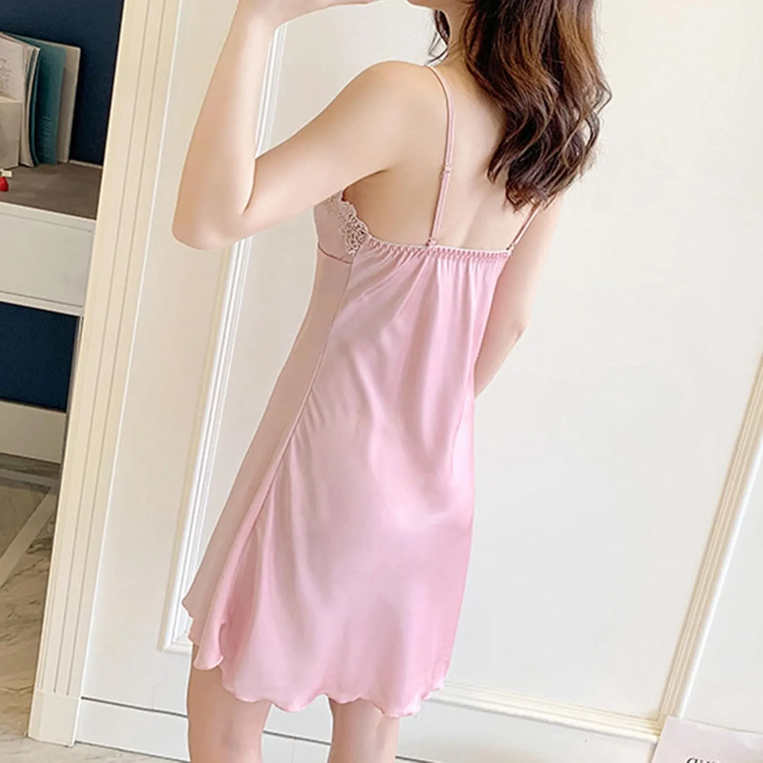 Sexy Full Slip Lace Floral Mini Chemise for Women, Deep V Thin Ice Silk Smooth Sleep Dress, Teddy Bridal Nightgowns